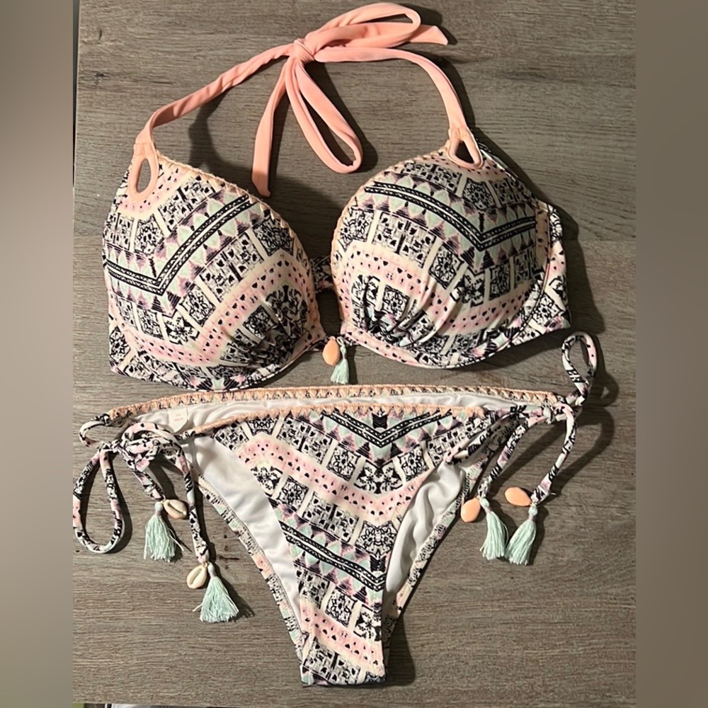 Victoria’s Secret bathing suit swim wear small bottom top 34D tassels beads